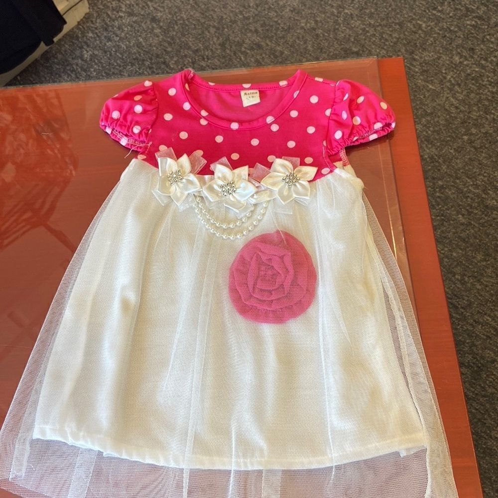 Pink polkadot dress with Rhinestone and pearls trim